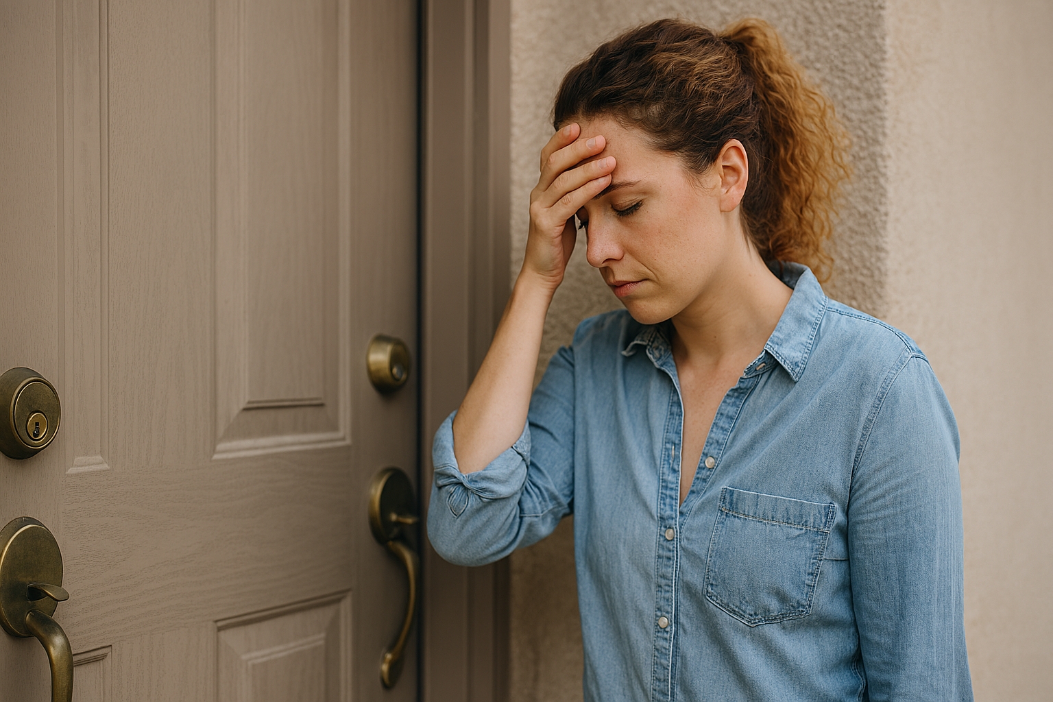 Femme coincée à l’extérieur de son logement à cause d’une porte claquée, attendant l’intervention d’un serrurier.